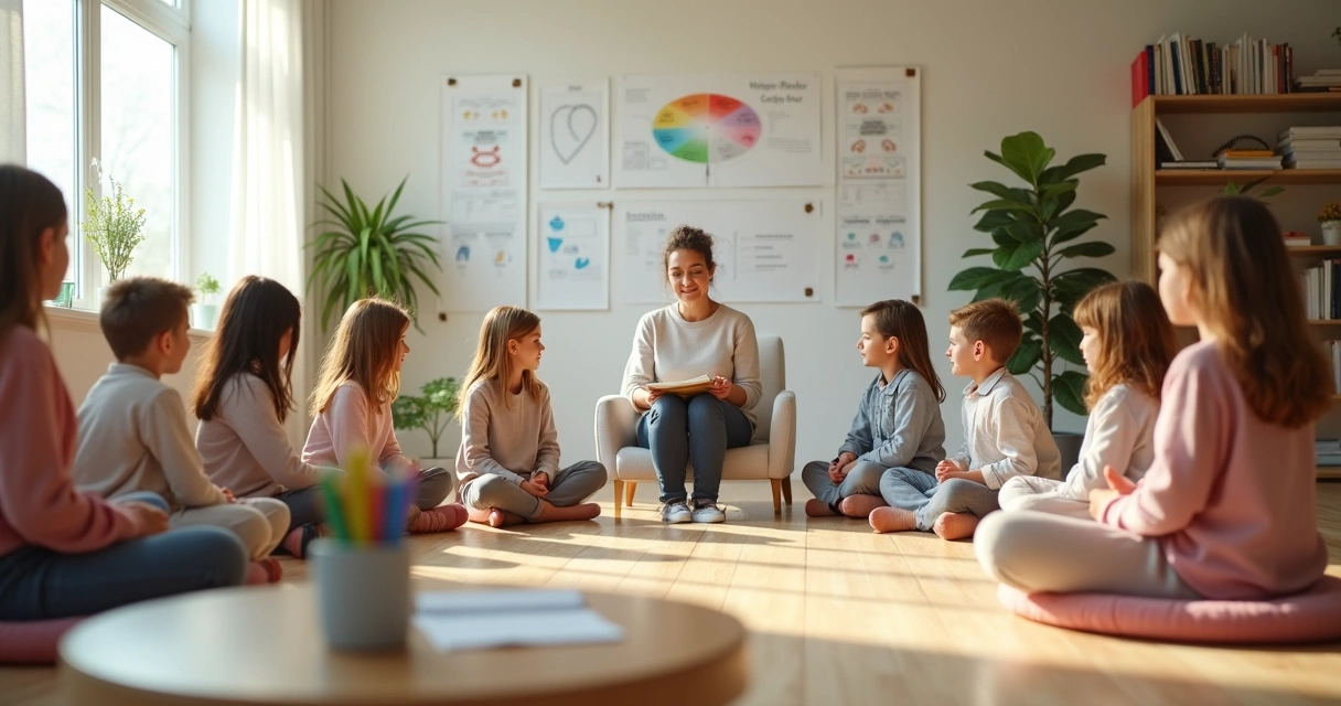 Professora conduz círculo de alunos em sala de aula acolhedora e segura 