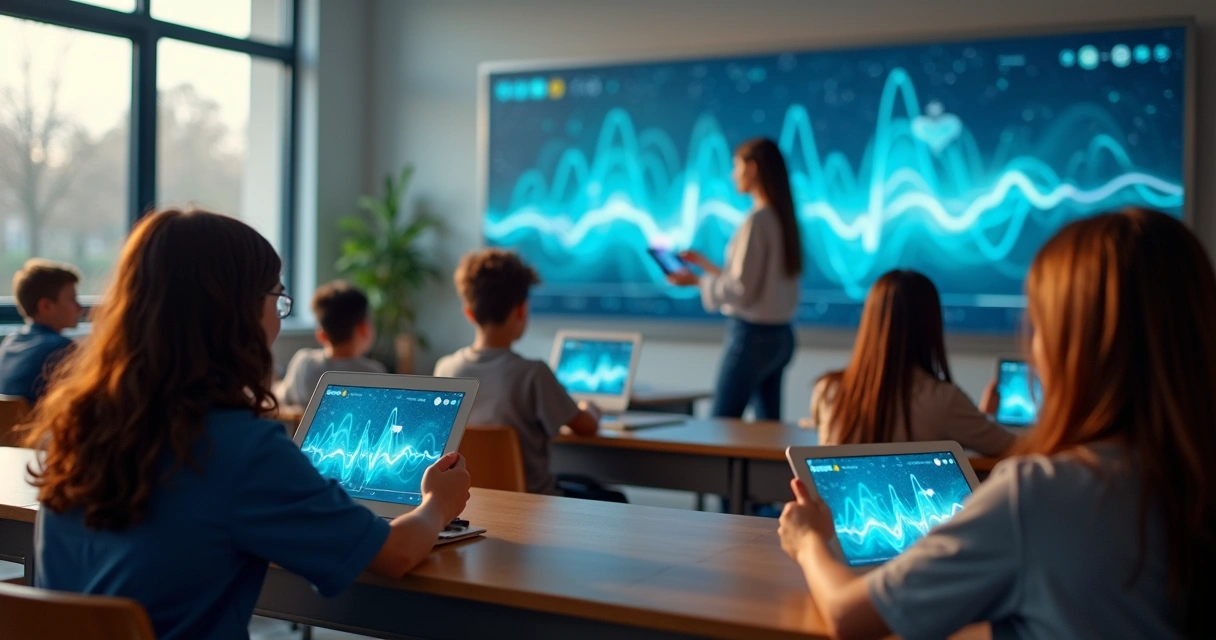Sala de aula com alunos em tablets e linhas de luz conectando seus aparelhos 