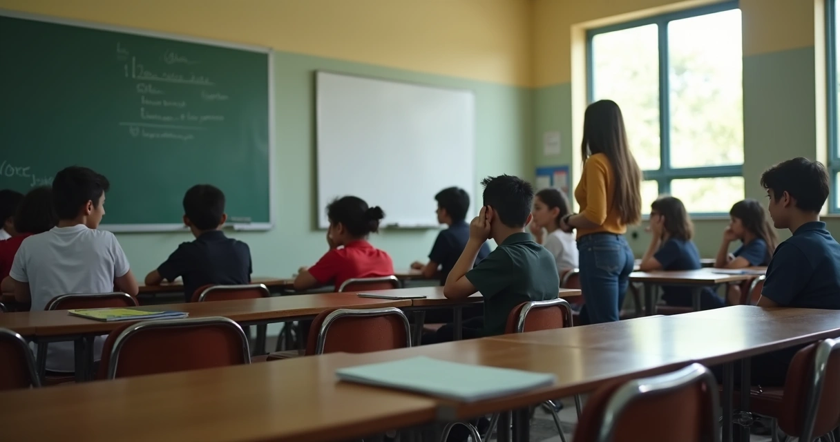 Sala de aula com estudantes tensos e professora observando
