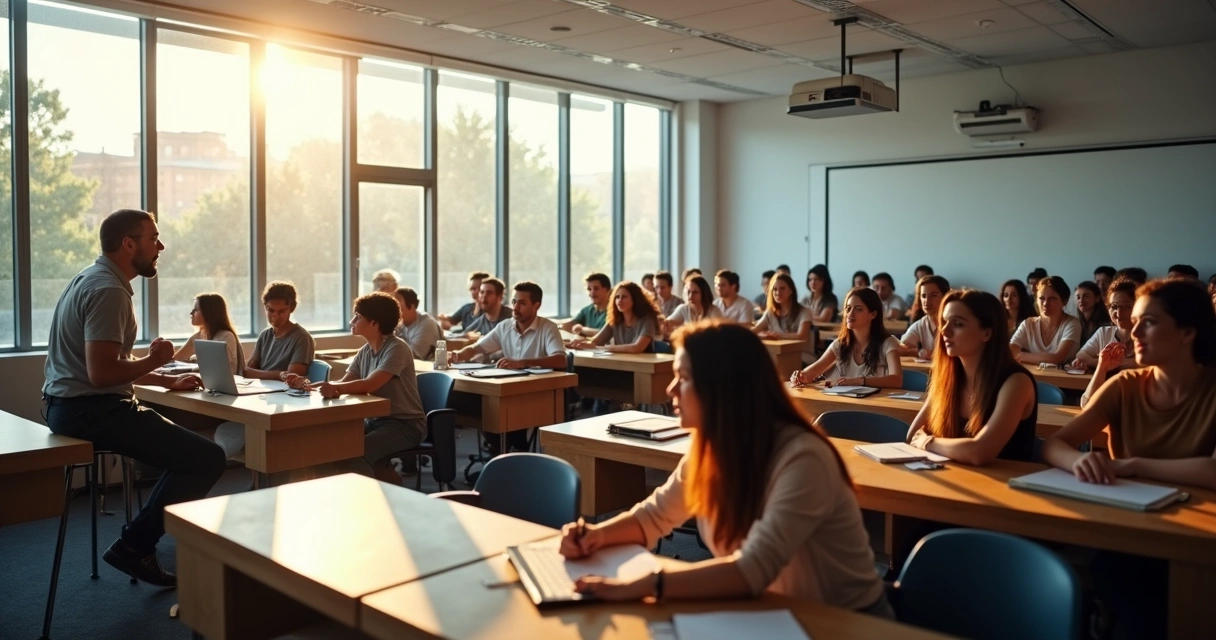 Sala de aula universitária com alunos assistindo professor. 