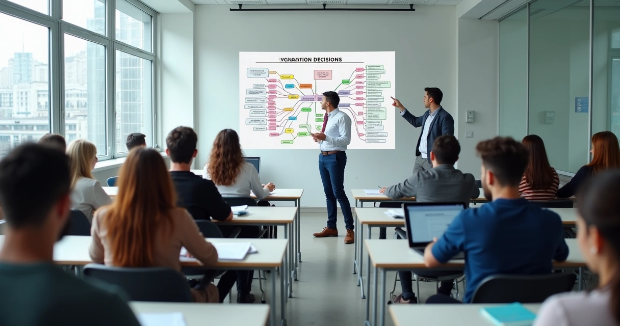 Sala de aula universitária organizada com alunos atentos.
