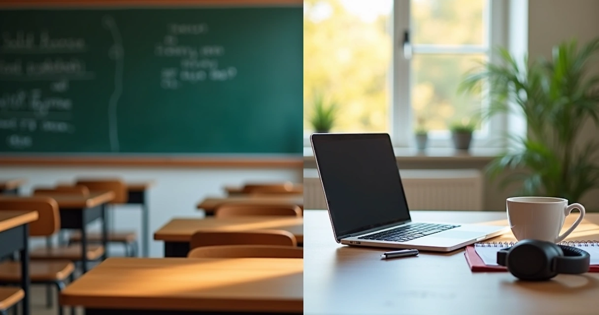Sala de aula com carteiras vazias e tela digital ao fundo