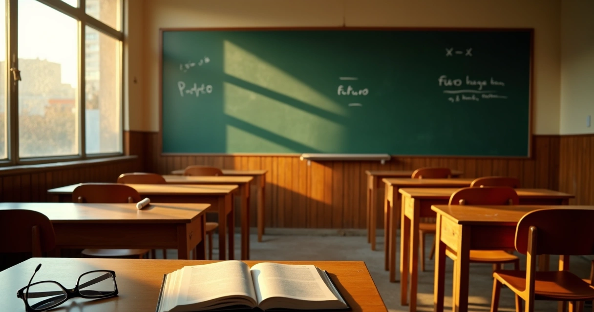 Sala de aula vazia ao entardecer com cadeiras desocupadas e lousa iluminada 