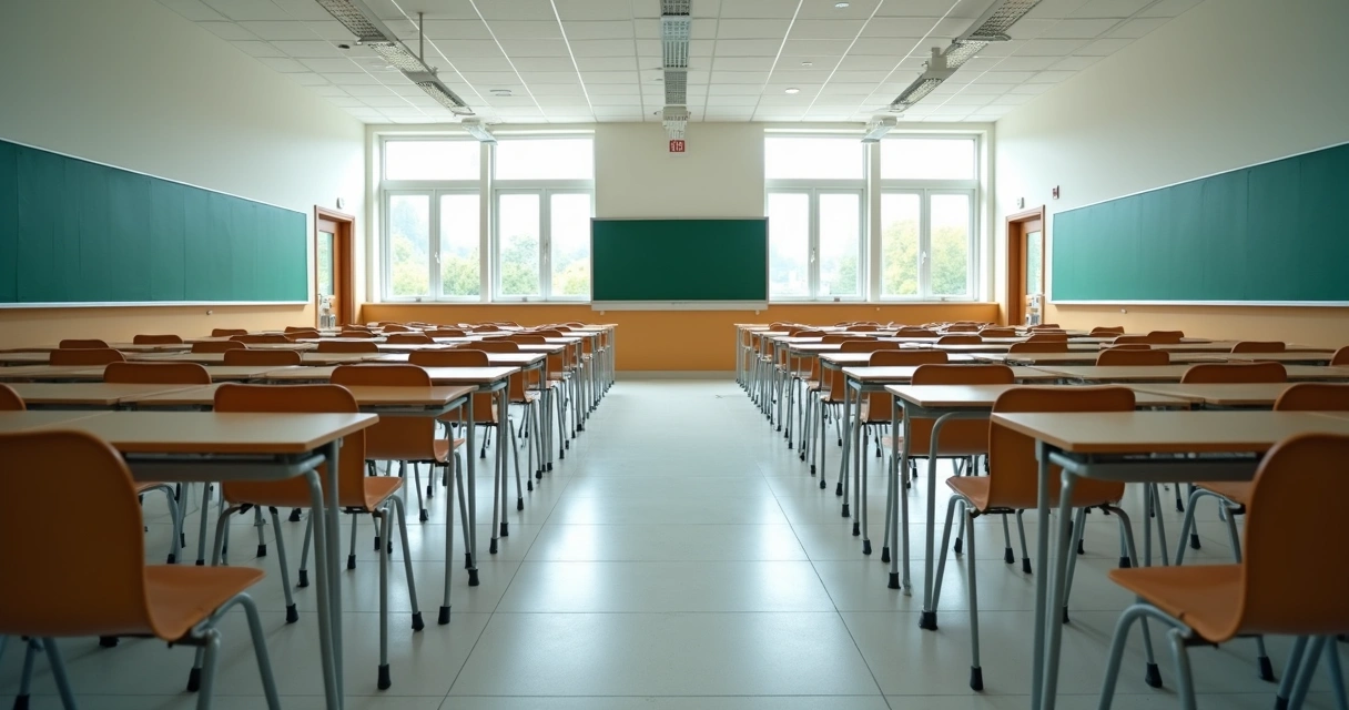 Sala de aula universitária completamente vazia, com cadeiras e mesas arrumadas 