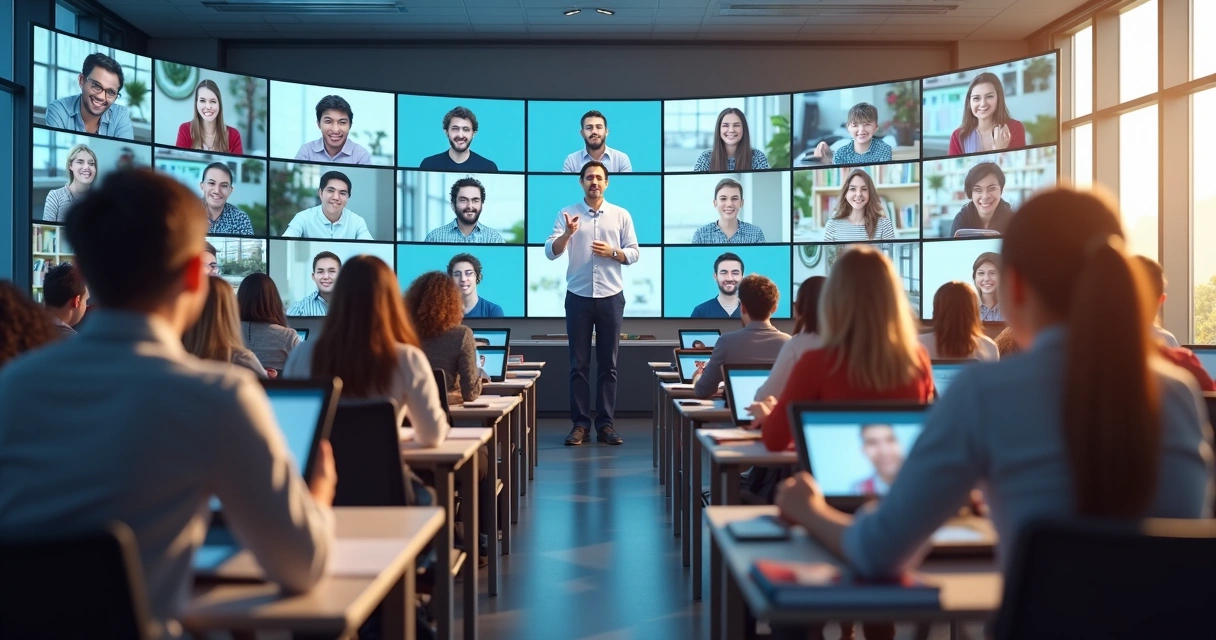 Sala de aula virtual com alunos e professora projetados em telas 