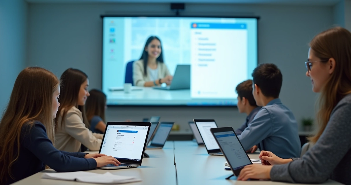 Ambiente virtual de estudos com alunos acompanhando aula online 