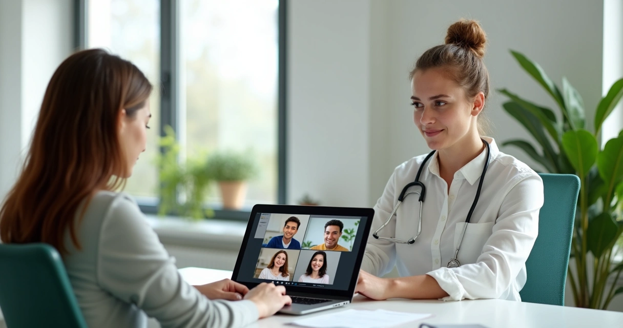 Instrutor olhando para a tela do computador em ambiente de sala de aula virtual 