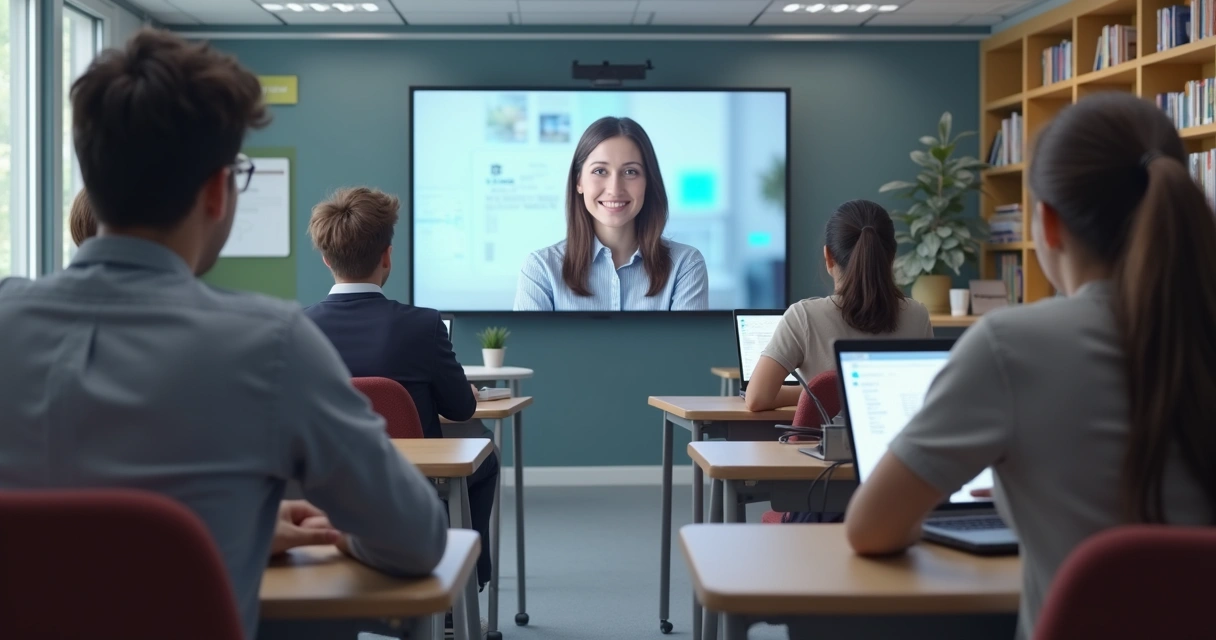 Ambiente digital de aula com estudantes e professor em videoconferência 