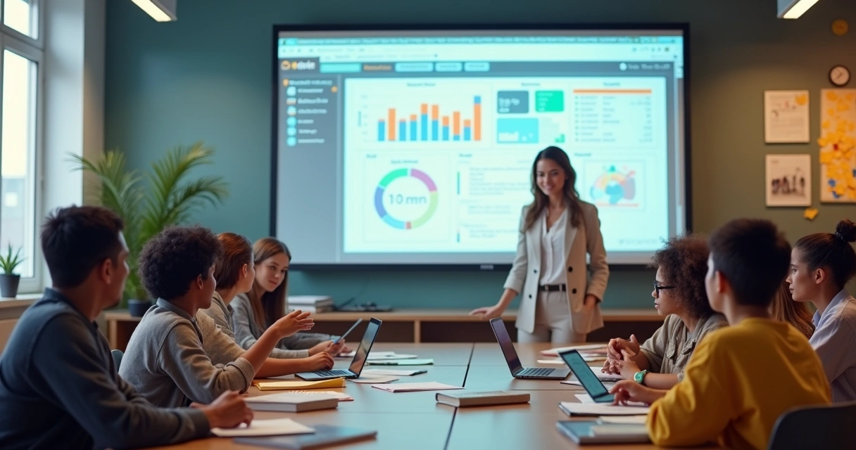 Sala de aula virtual sendo projetada em tela de computador em uma escola