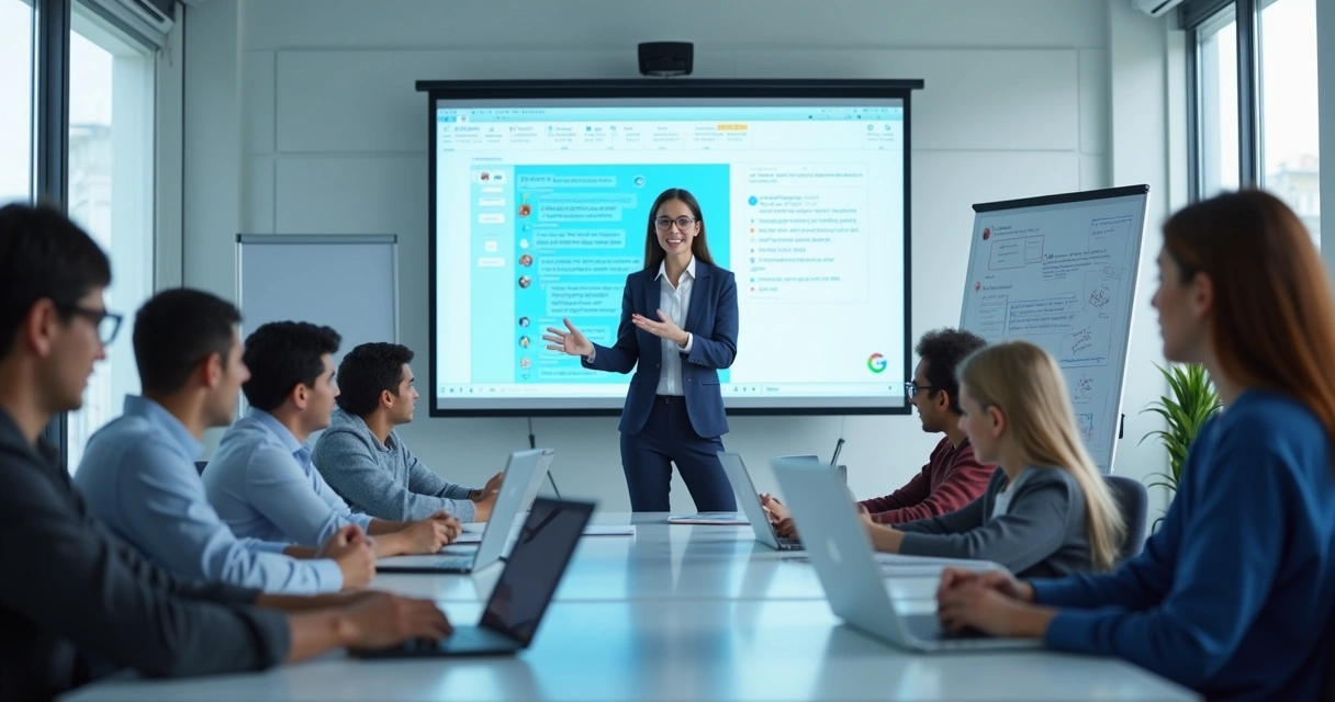 Professor ministrando aula ao vivo em plataforma online, alunos assistindo em múltiplas telas 