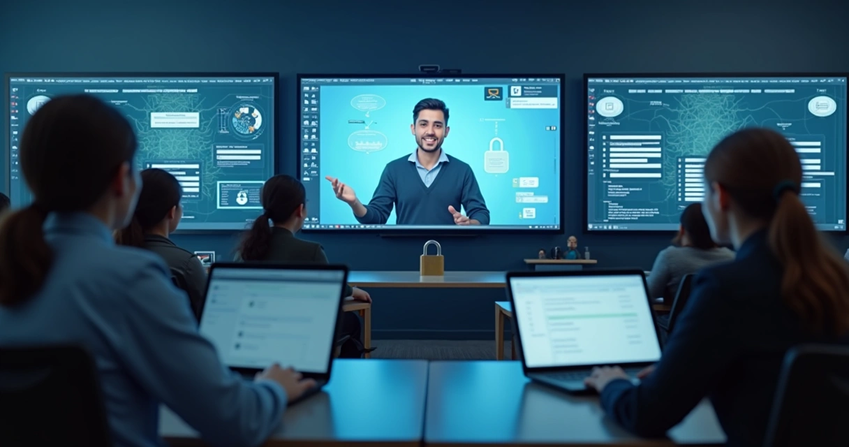 Ambiente virtual de aula transmitindo conteúdo ao vivo com recursos de segurança digital. 