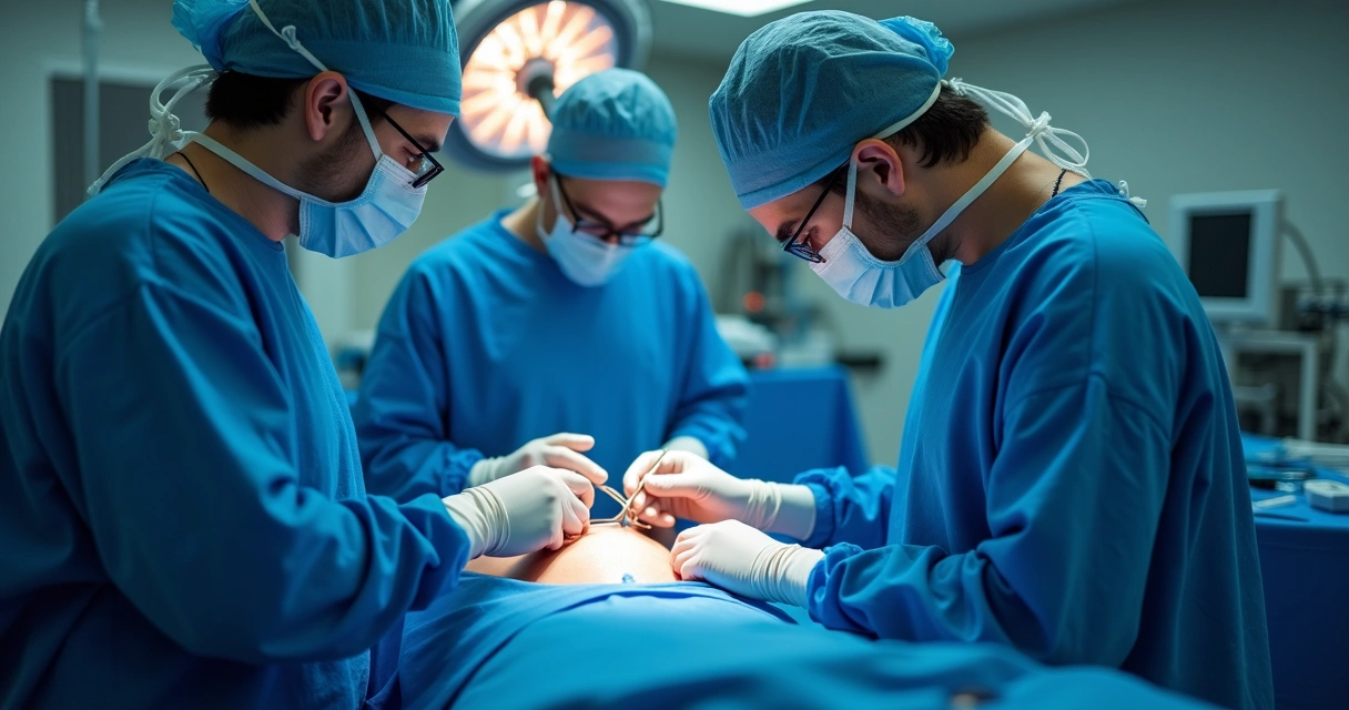 Equipe médica em sala de cirurgia realizando implante de prótese peniana 