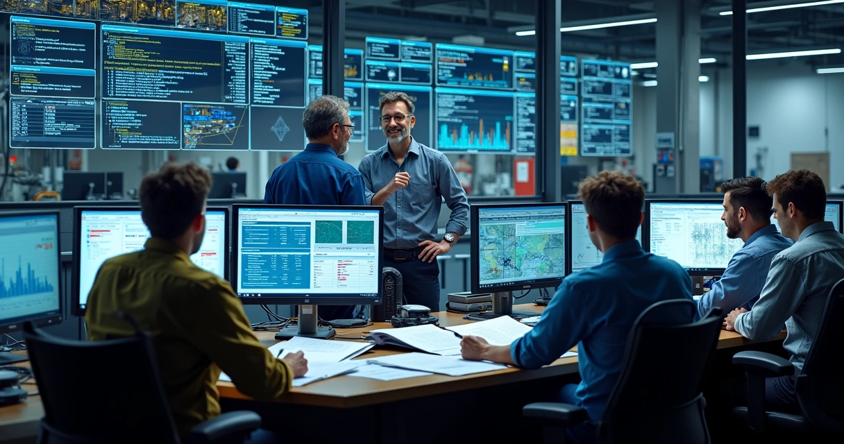 Equipe de manutenção analisando dados em sala de controle 