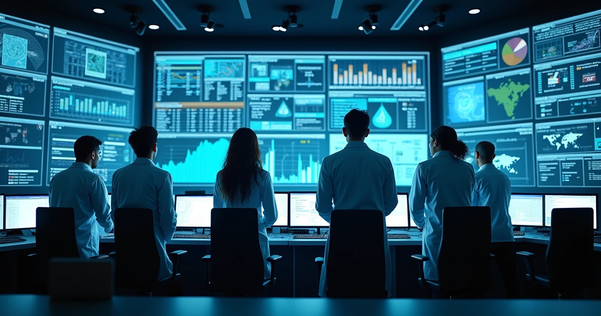 Sala de controle moderna com painéis digitais, operadores observando gráficos de gases e equipamentos 