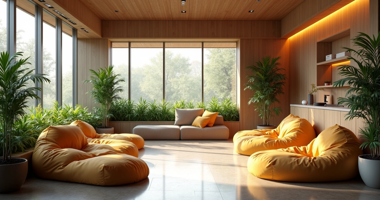 Espaço de descanso corporativo com pufes, plantas e luz suave 