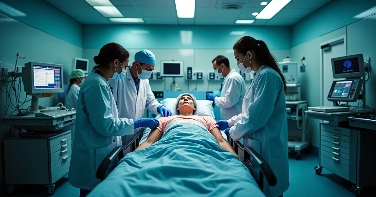 Sala de emergência de hospital com equipe médica em ação 