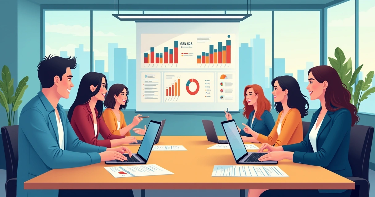 Equipe reunida em sala de reuniões usando computadores para analisar diferentes opções de CRM gratuitos
