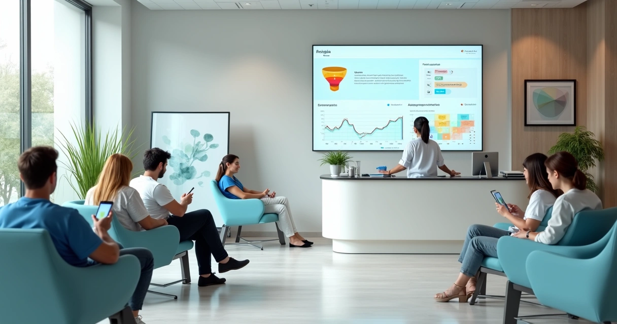 Sala de espera de clínica odontológica cheia e painel digital mostrando campanhas online 