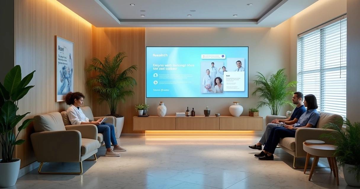 Sala de espera de clínica com telão mostrando informações de saúde 