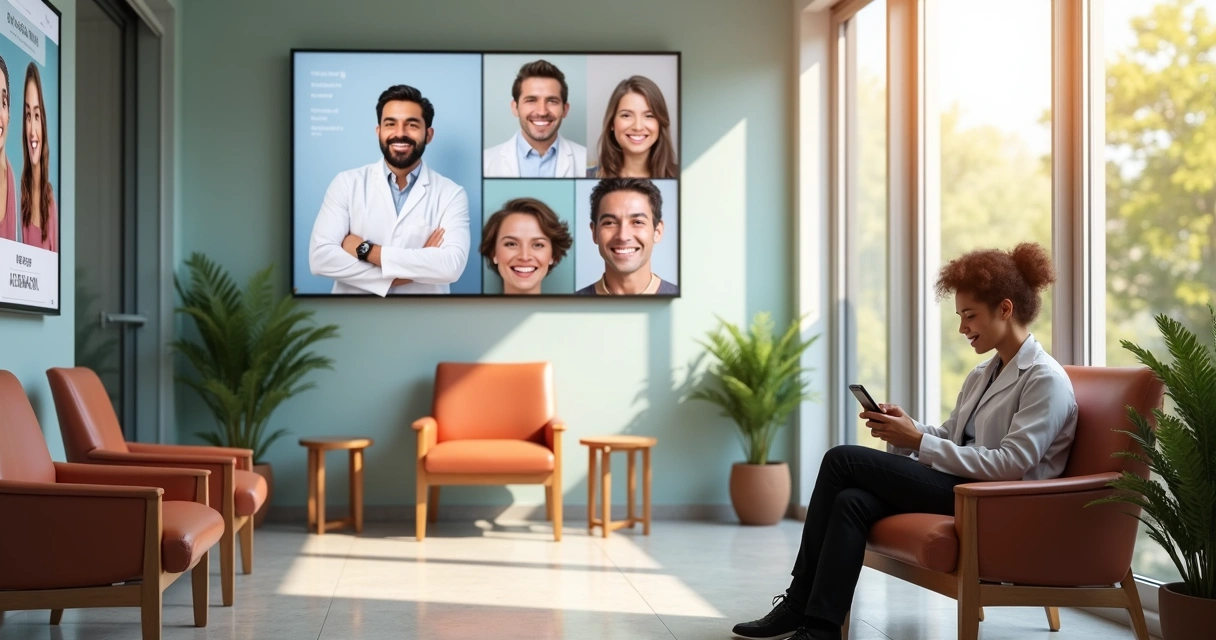 Sala de espera de clínica odontológica com telas mostrando Instagram