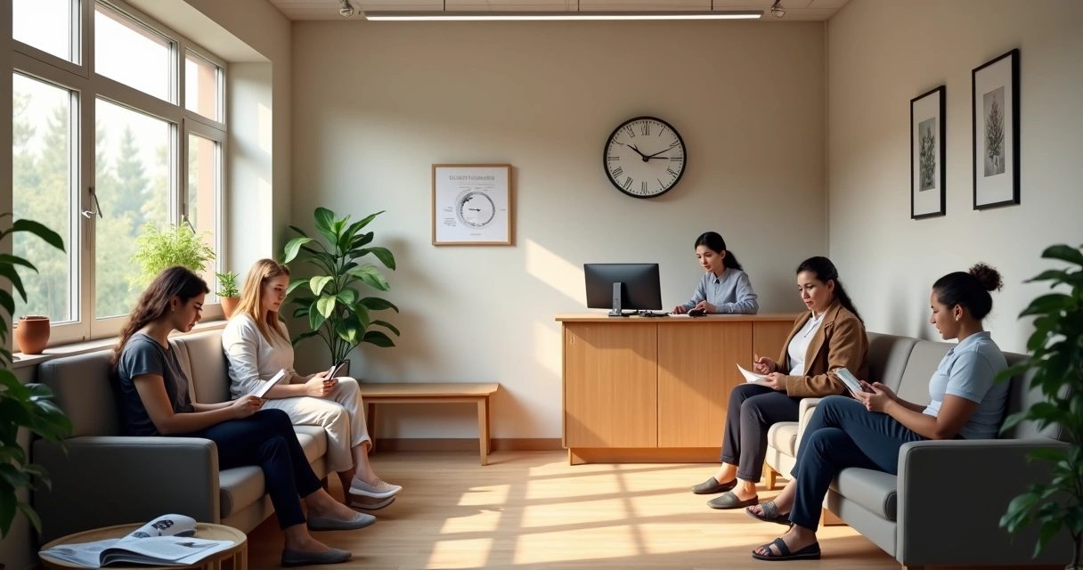Sala de espera aconchegante de uma clínica de psicologia, com pacientes aguardando sua vez