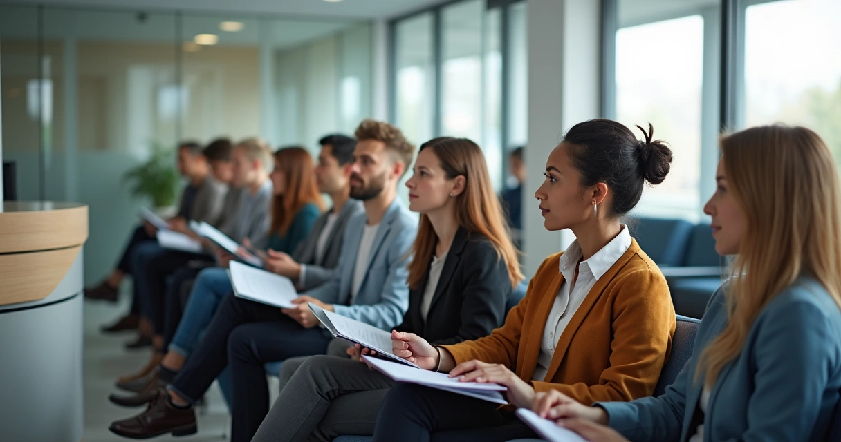 Candidatos aguardando avaliação psicotécnica em fila na clínica 