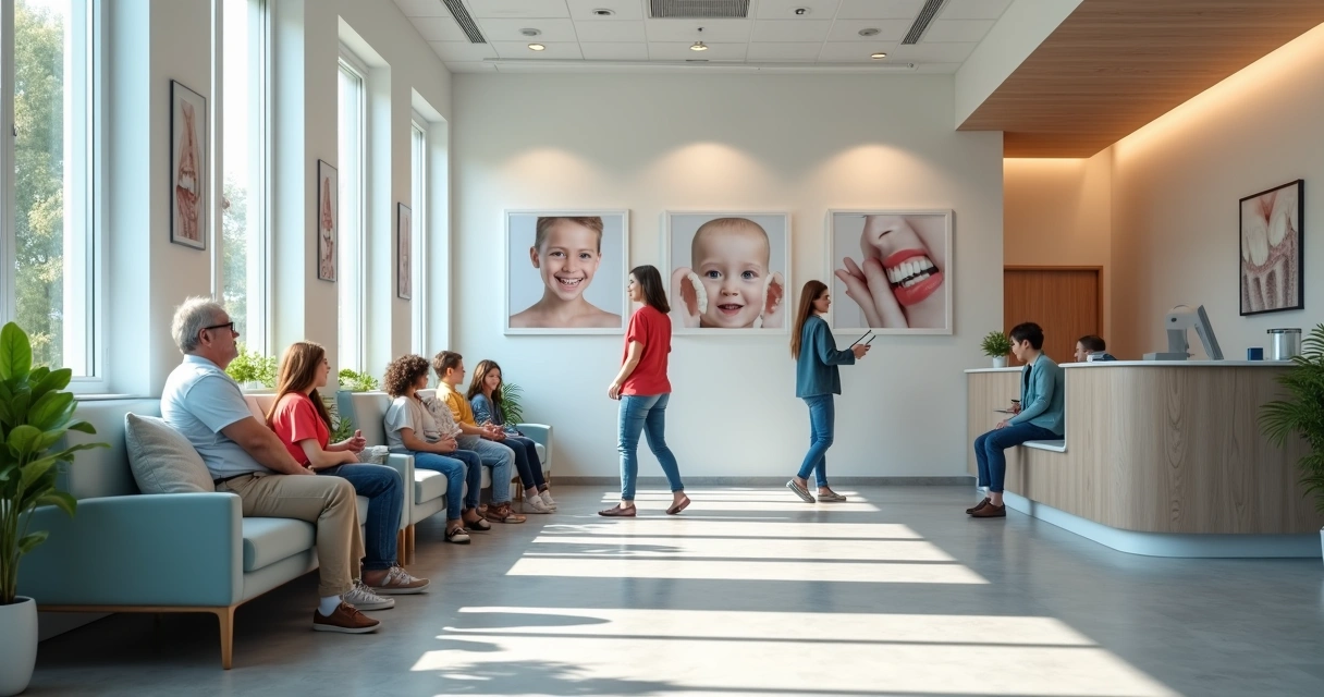 Sala de espera de clínica odontológica com pacientes aguardando atendimento