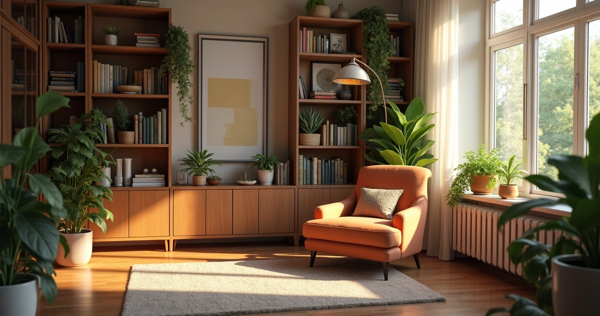 Sala de estar aconchegante com luz suave e plantas 