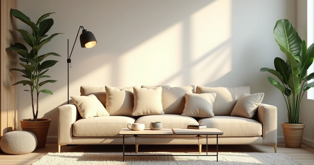 Sala de estar aconchegante com sofá bege, plantas e iluminação indireta