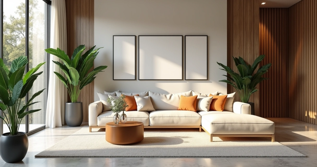 Sala de estar iluminada, plantas, espelhos e tapete 