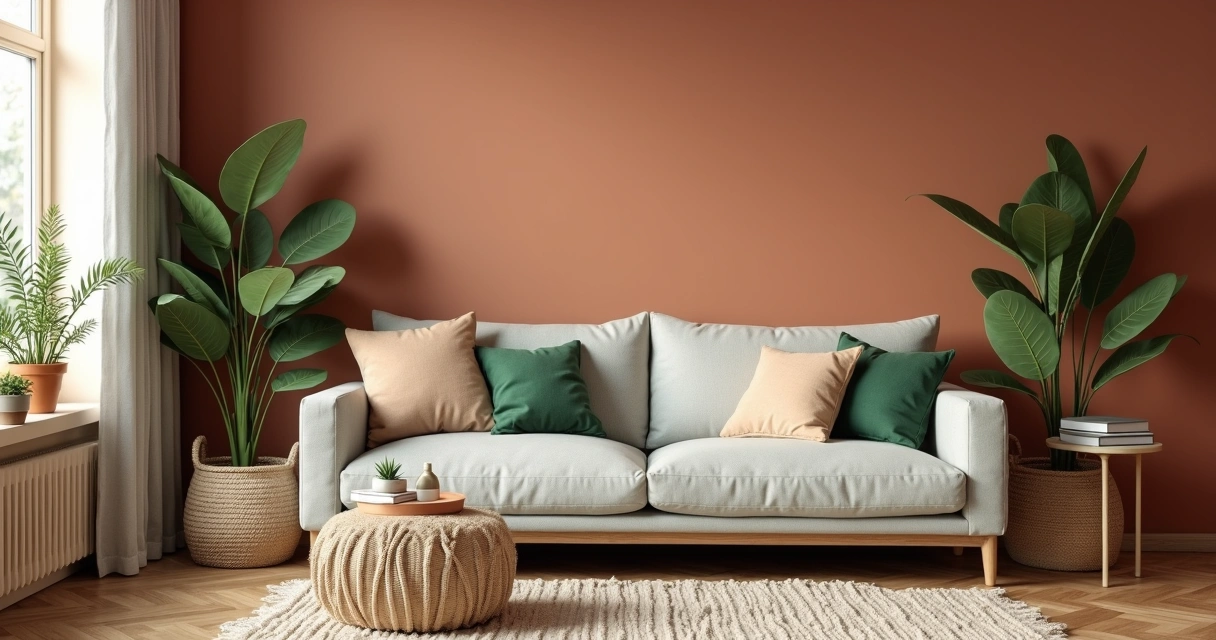 Sala de estar com parede em terracota clara, sofá cinza claro, almofadas verdes e beges, plantas e detalhes em madeira 