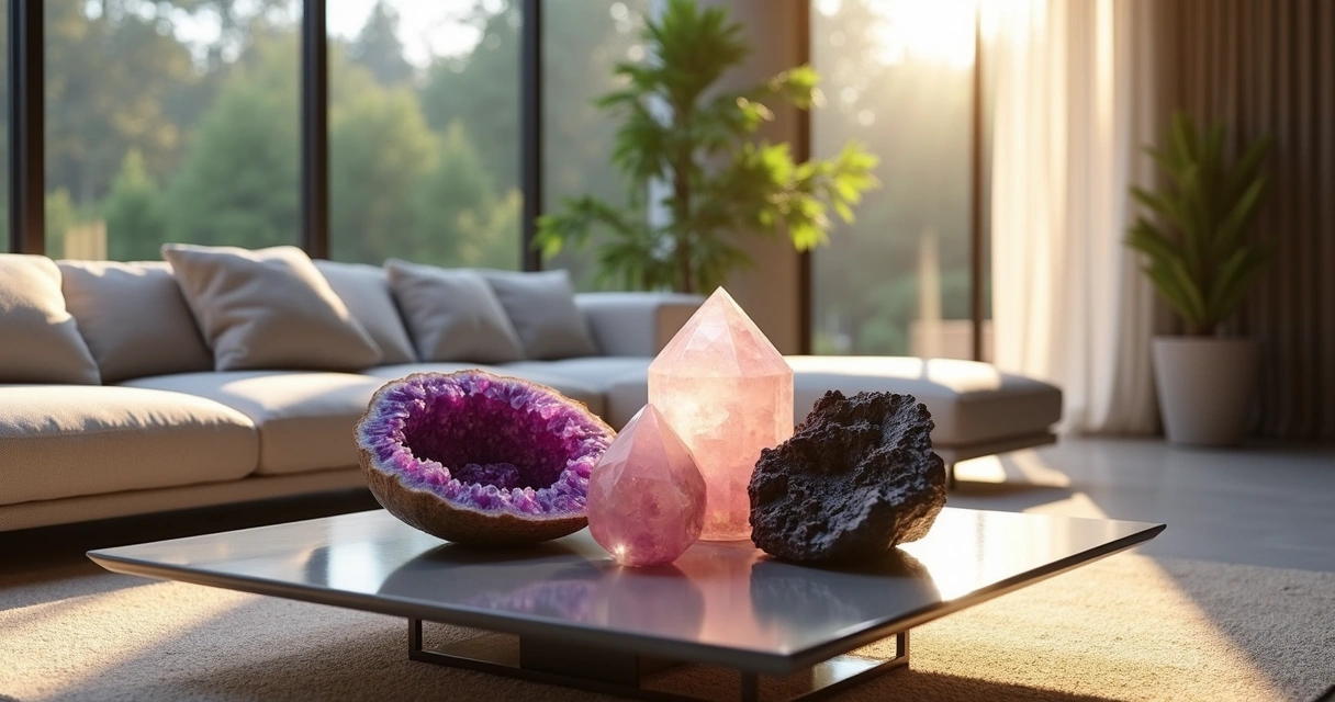 Sala de estar decorada com cristais brilhando na mesa 