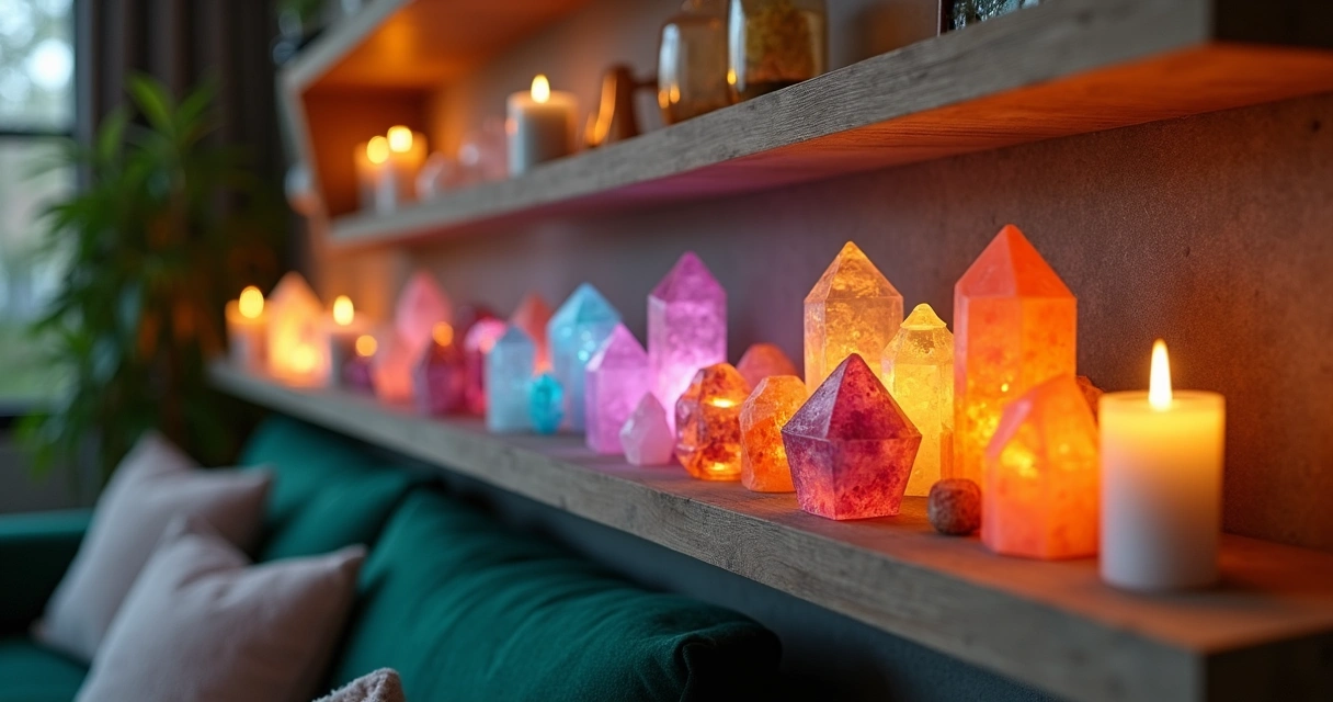 Sala de estar com cristais coloridos arrumados em prateleira e iluminação aconchegante 