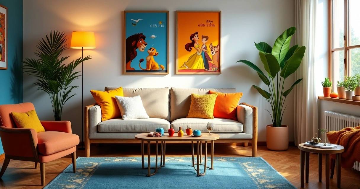Sala de estar decorada com personagens da Disney, almofadas coloridas, quadros e plantas para um ambiente alegre.