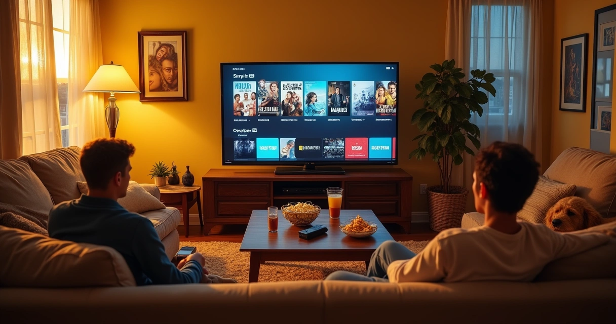 Una sala de estar acogedora con un sofá, televisión mostrando opciones de streaming y un ambiente cálido y relajante.