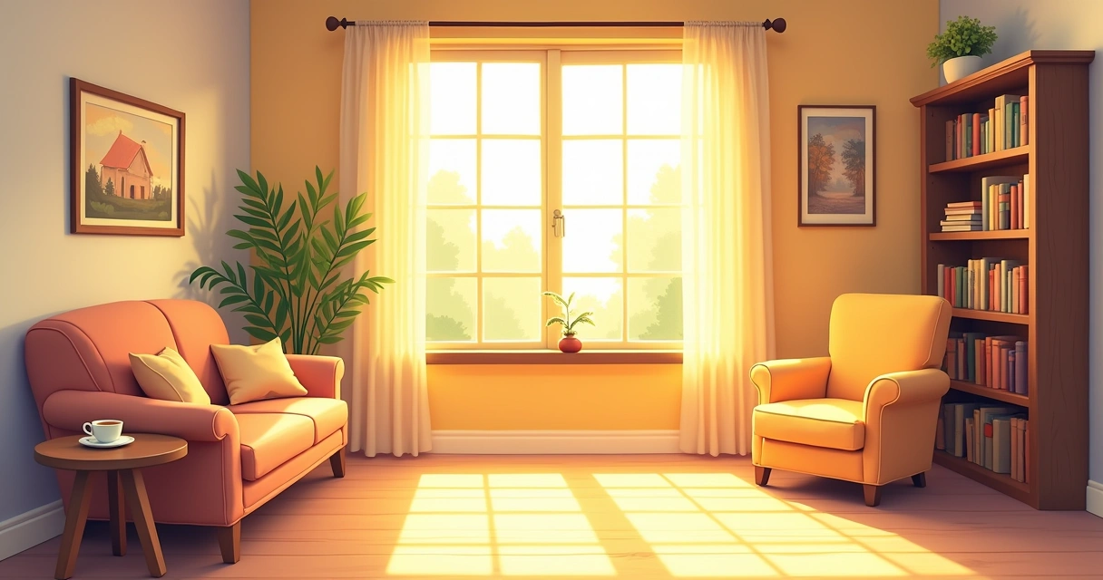 Ilustração de uma sala de estar aconchegante iluminada pela luz do sol, com sofá e canto de leitura.