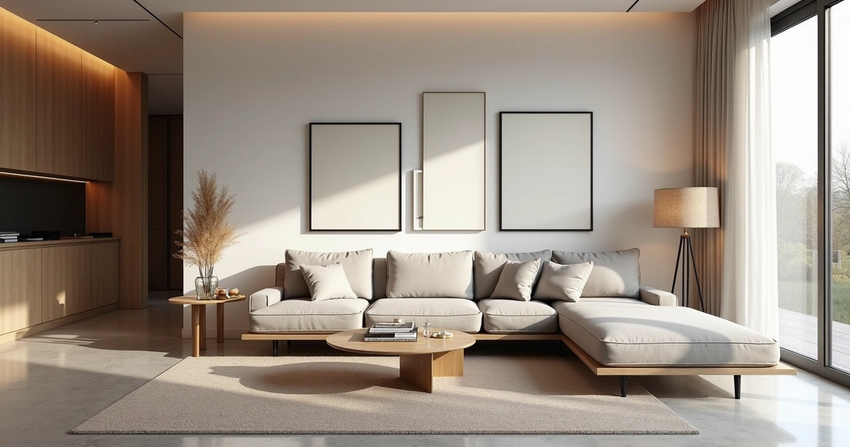 Sala de estar moderna com piso de cimento queimado, móveis de madeira clara e decoração em tons neutros