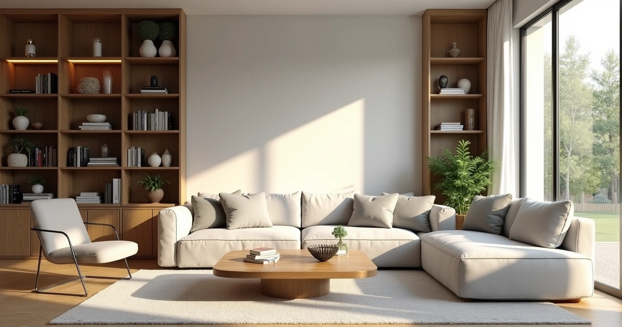 Sala de estar moderna com móveis variados 