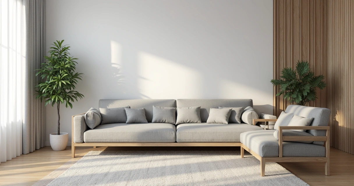 Sala de estar com móveis neutros, sofá cinza e detalhes amadeirados