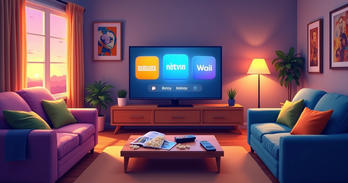 Ilustración de una sala de estar acogedora con un sofá, una televisión y elementos de streaming.