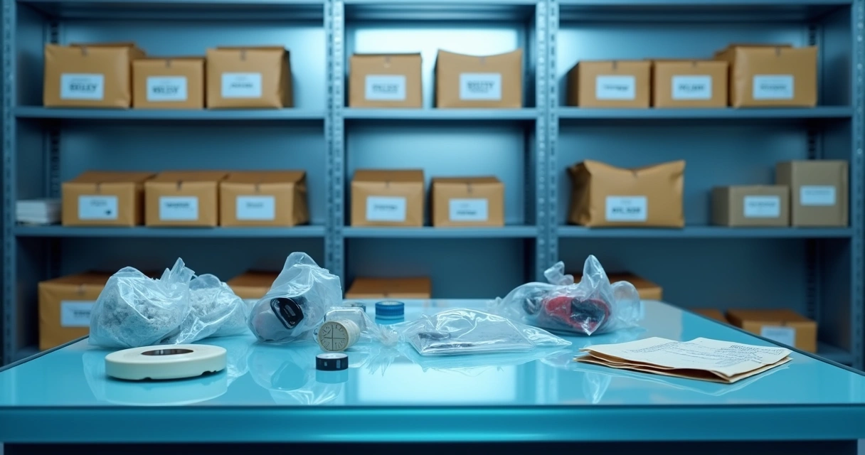 Sala de evidências forenses com envelopes e etiquetas 