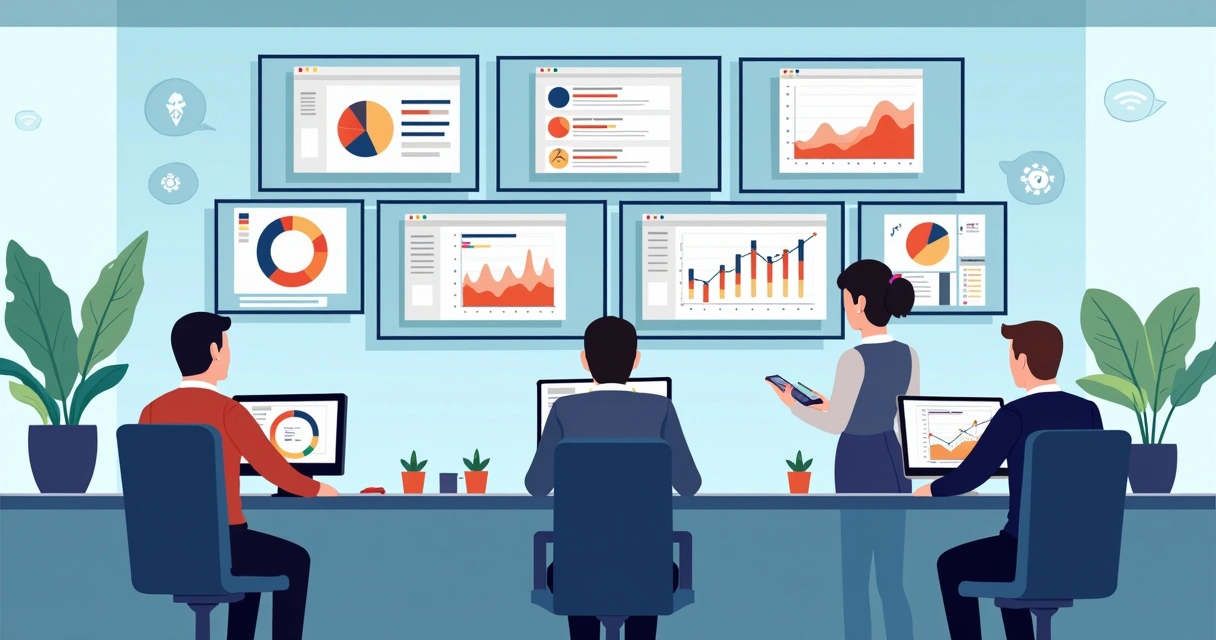 Sala de gabinete moderna com monitores, gráficos digitais e equipe analisando dados 