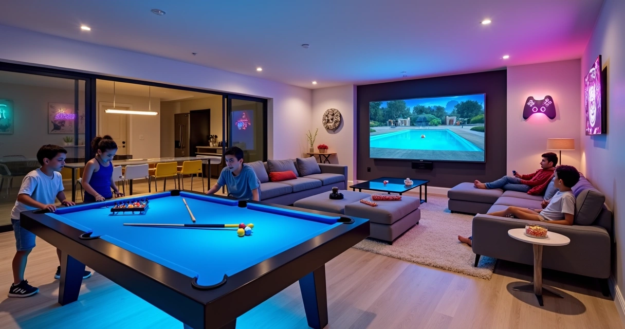 Sala de jogos moderna em casa de temporada em Orlando com família se divertindo 