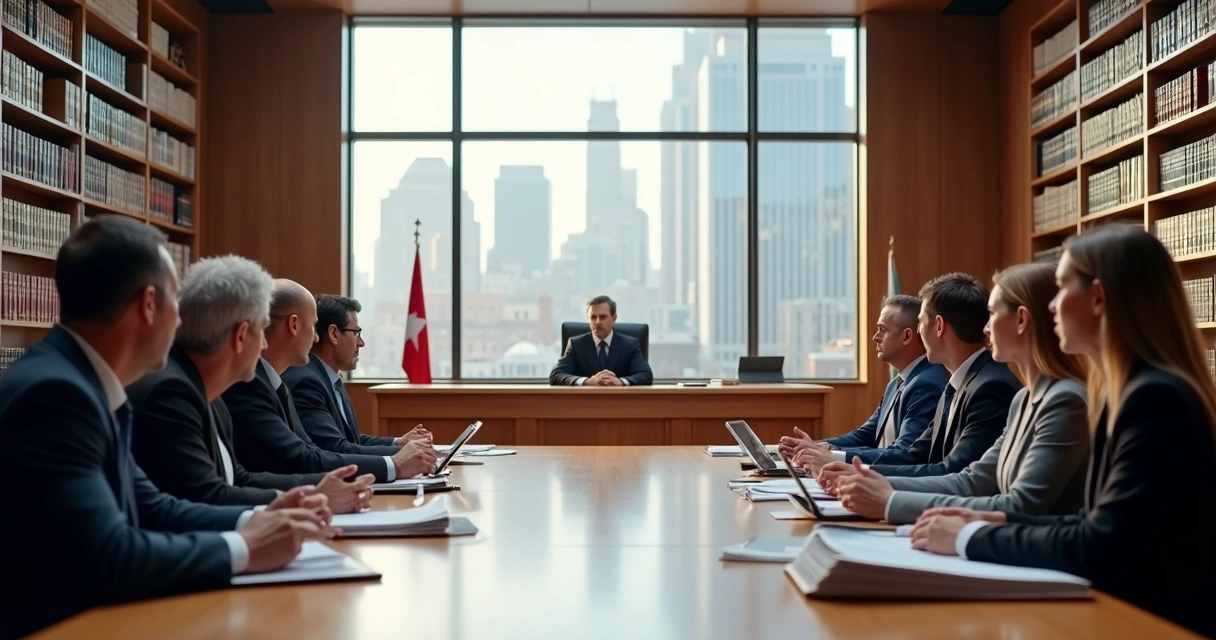 Sala de julgamento administrativo com representantes e documentos sobre a mesa. 