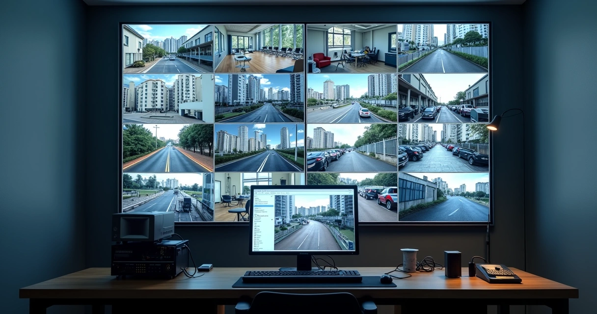 Central de monitoramento com vários monitores exibindo imagens de câmeras de segurança 