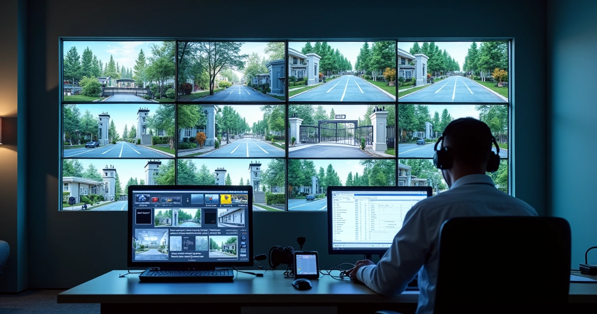 Sala de monitoramento condominial com telas e portão automático 