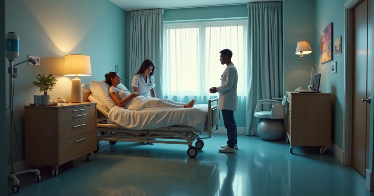 Equipe médica assistindo um parto humanizado com iluminação suave em uma sala de hospital 