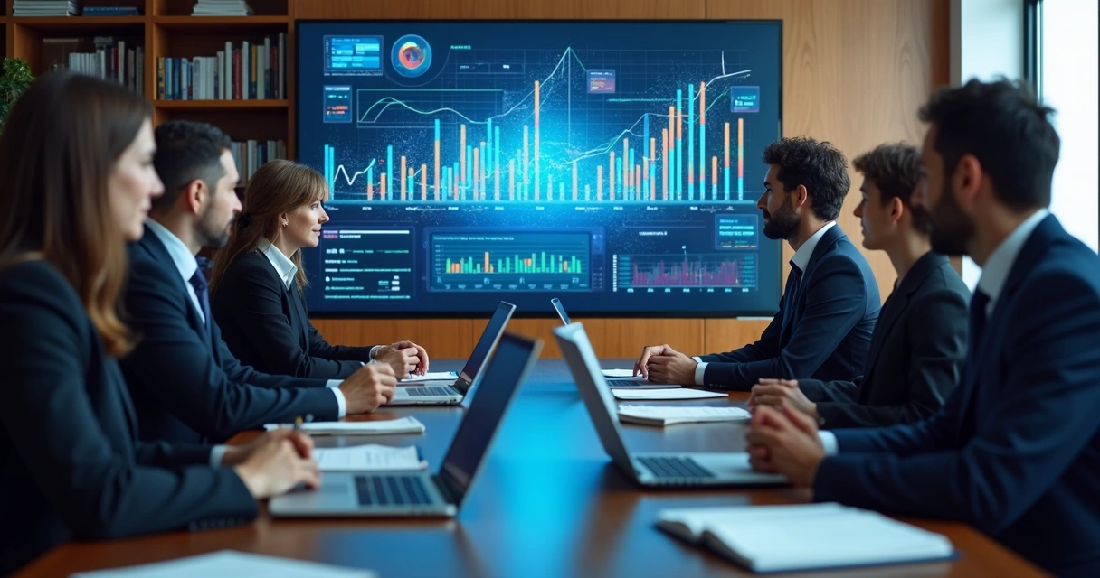 Sala de reunião com advogados discutindo frente a painel digital com gráficos de IA 