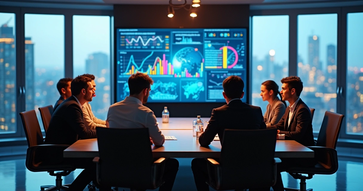 Equipe reunida em sala de reunião analisando gráficos de dados em uma tela grande 