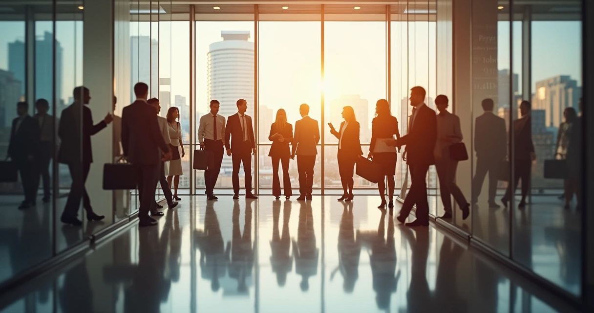 Empresários caminhando para uma sala de reunião empresarial 